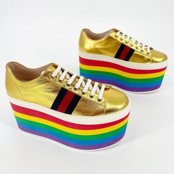 Gucci Shoes - NWOB Gucci Gold Metallic Leather Peggy Rainbow Platform Sneaker Trainer EU 38.5